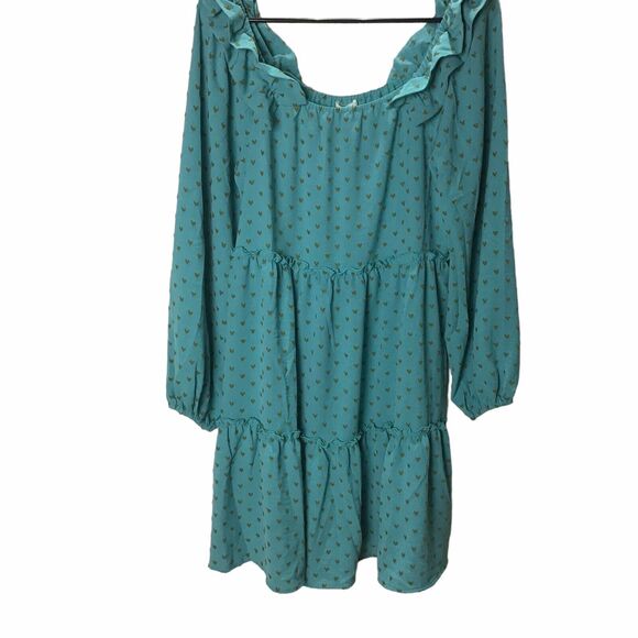 J.O.A. Women’s Size Medium Teal Ruffle Tiered Mini Dress Long Sleeve Style 15062 - Picture 11 of 16